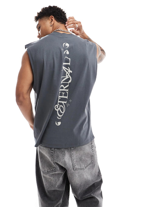 ASOS DESIGN oversized tank with  back print in charcoal