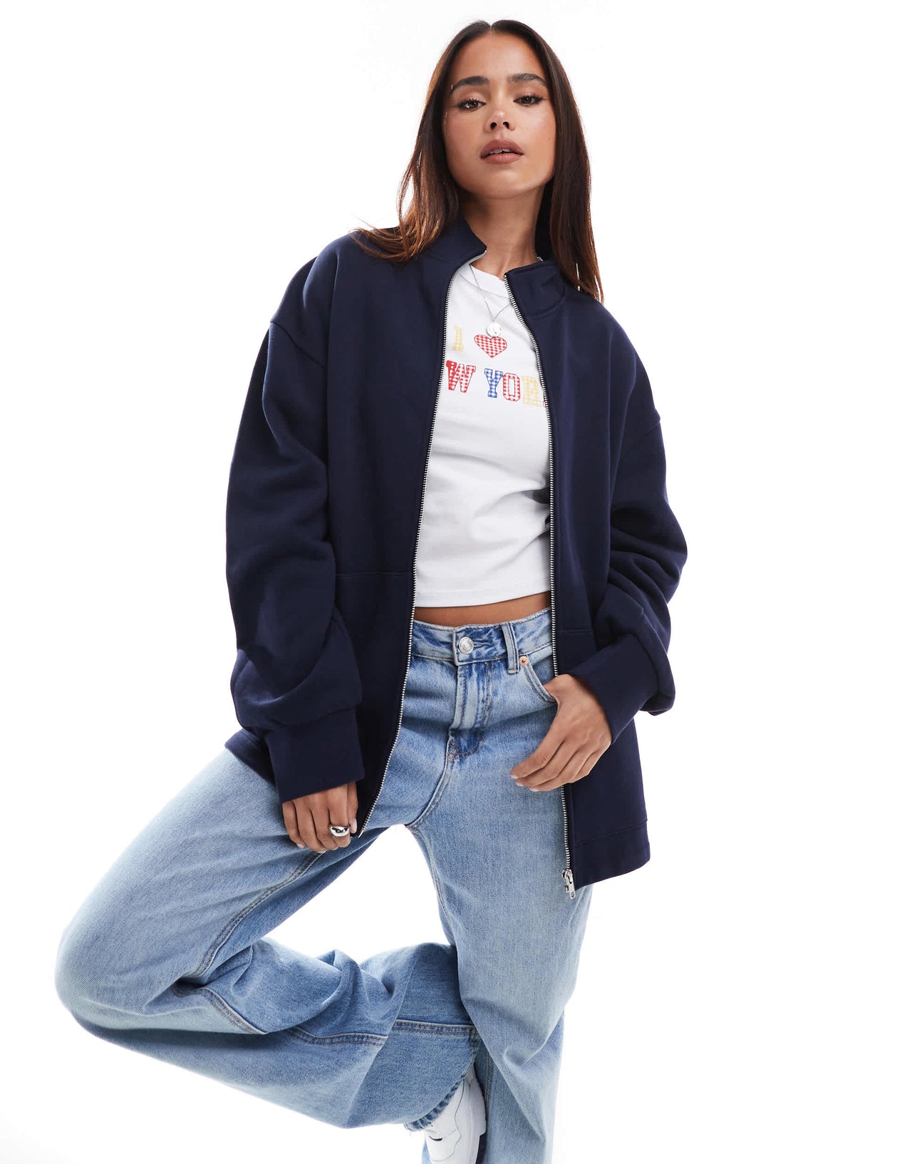 ASOS DESIGN high neck zip up sweat in navy