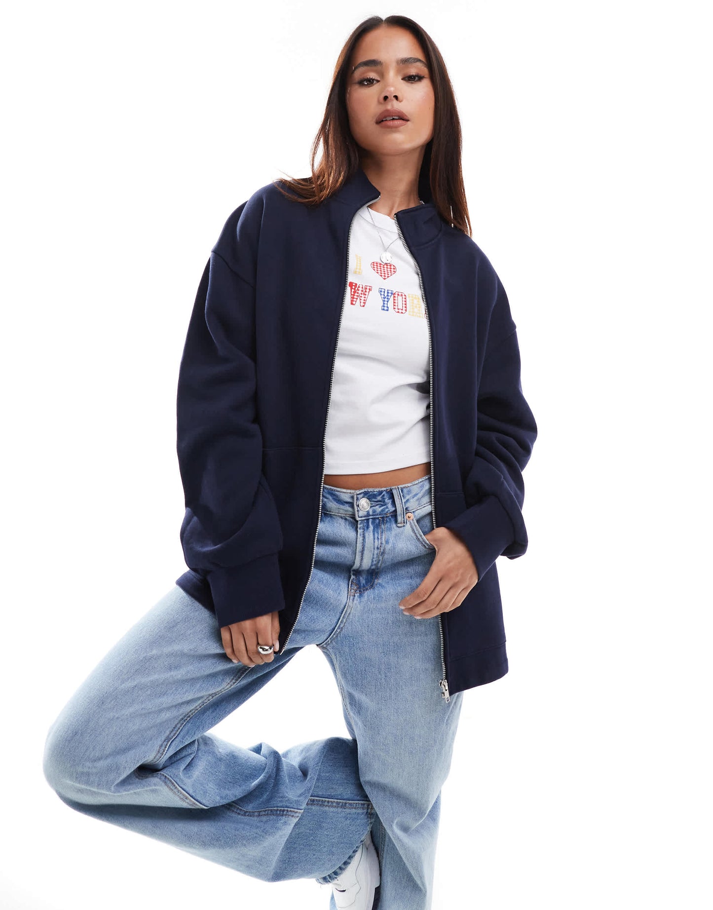 ASOS DESIGN high neck zip up sweat in navy