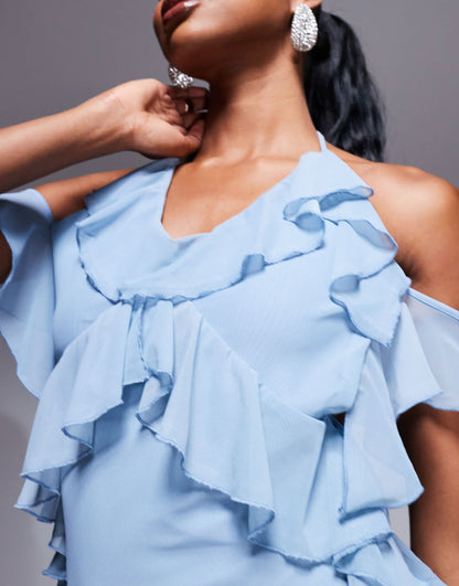 ASOS DESIGN mesh mini dress with all over tiered ruffles and open bow back in blue