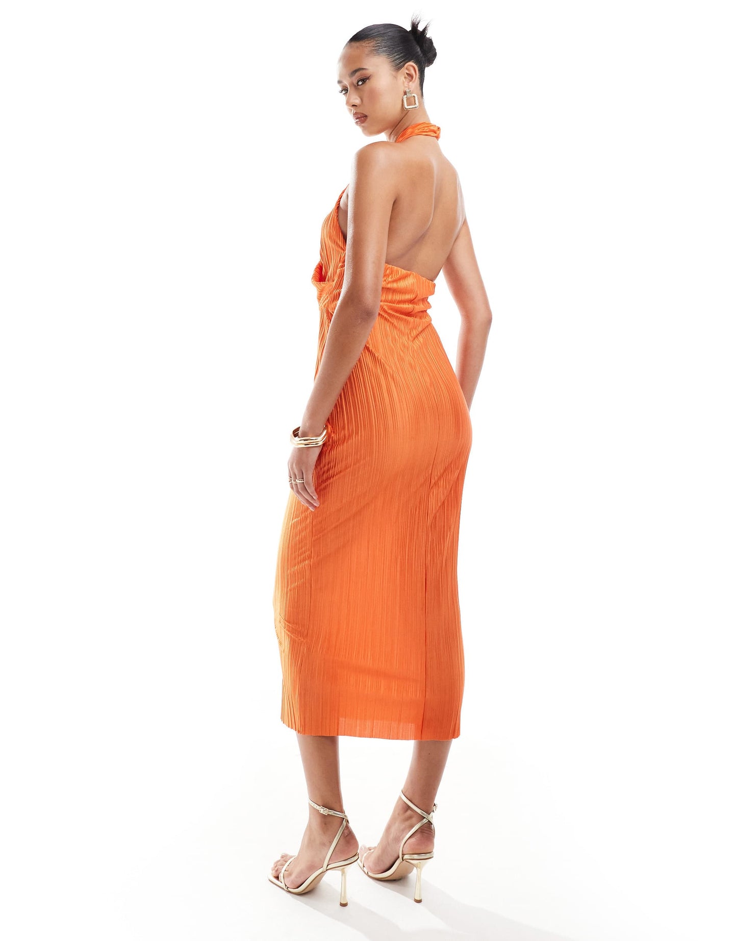 ASOS DESIGN plisse twisted halter neck midi dress in orange