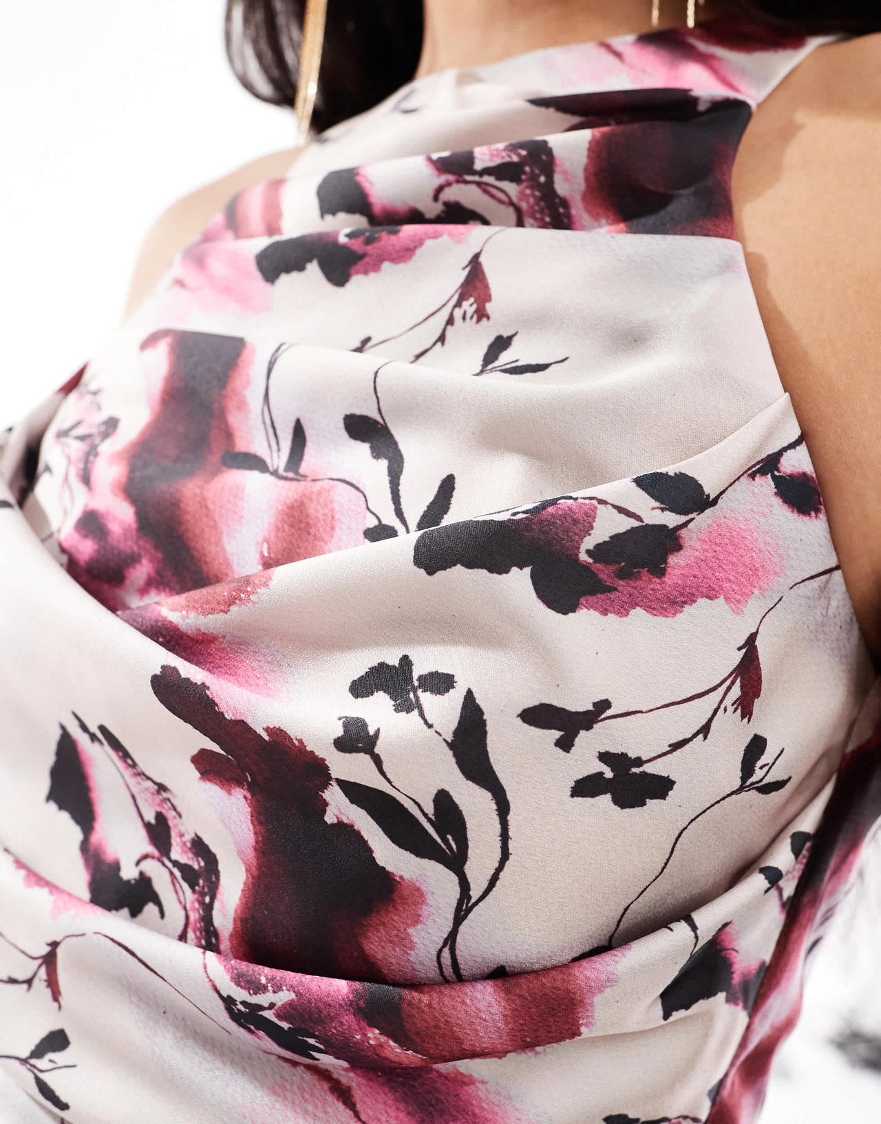 ASOS DESIGN satin drape bodice midi dress in floral print