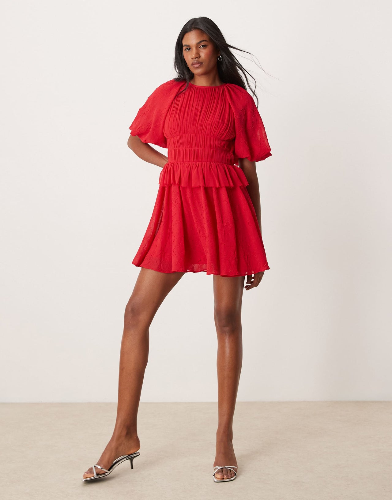ASOS DESIGN puff sleeve mini dress with gauged waist in red