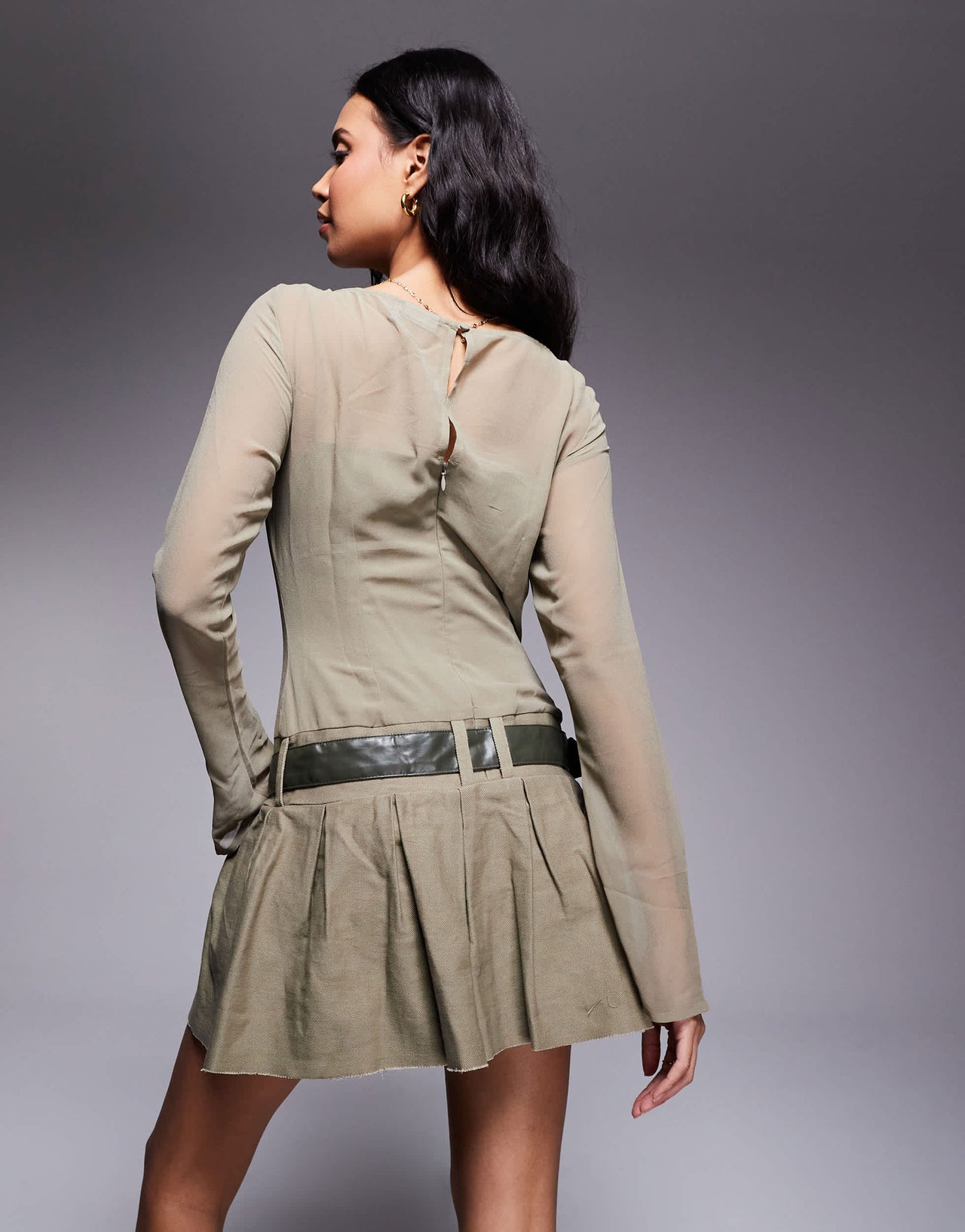 ASOS DESIGN belted mini dress with pleated twill skirt in dark khaki