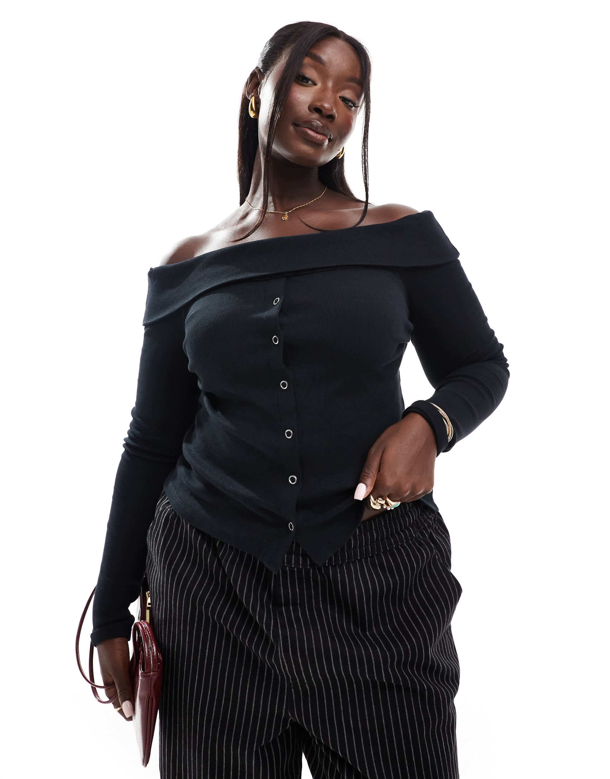 ASOS DESIGN Curve off shoulder button down top in black