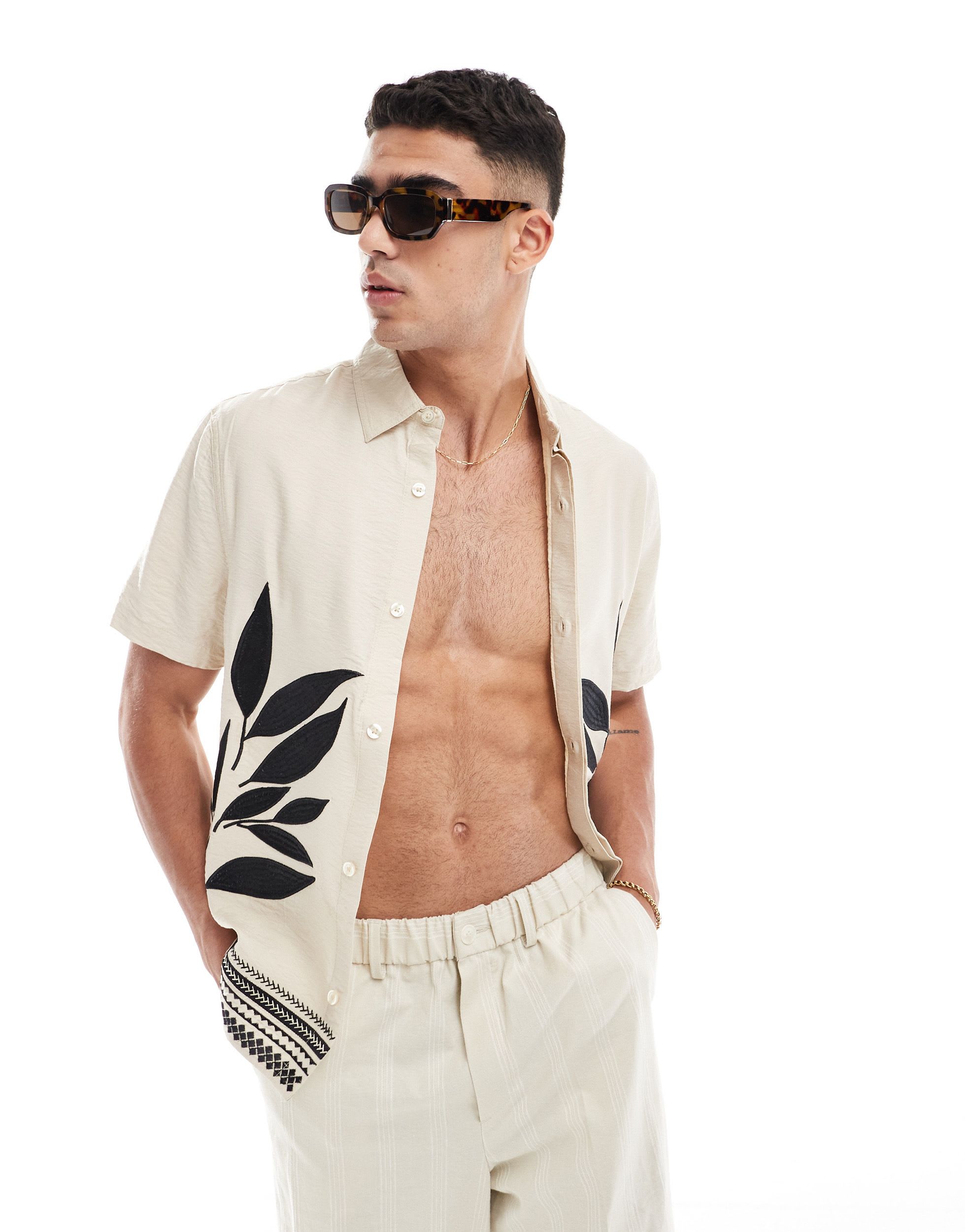 River Island embroidery leaf shirt in light stone