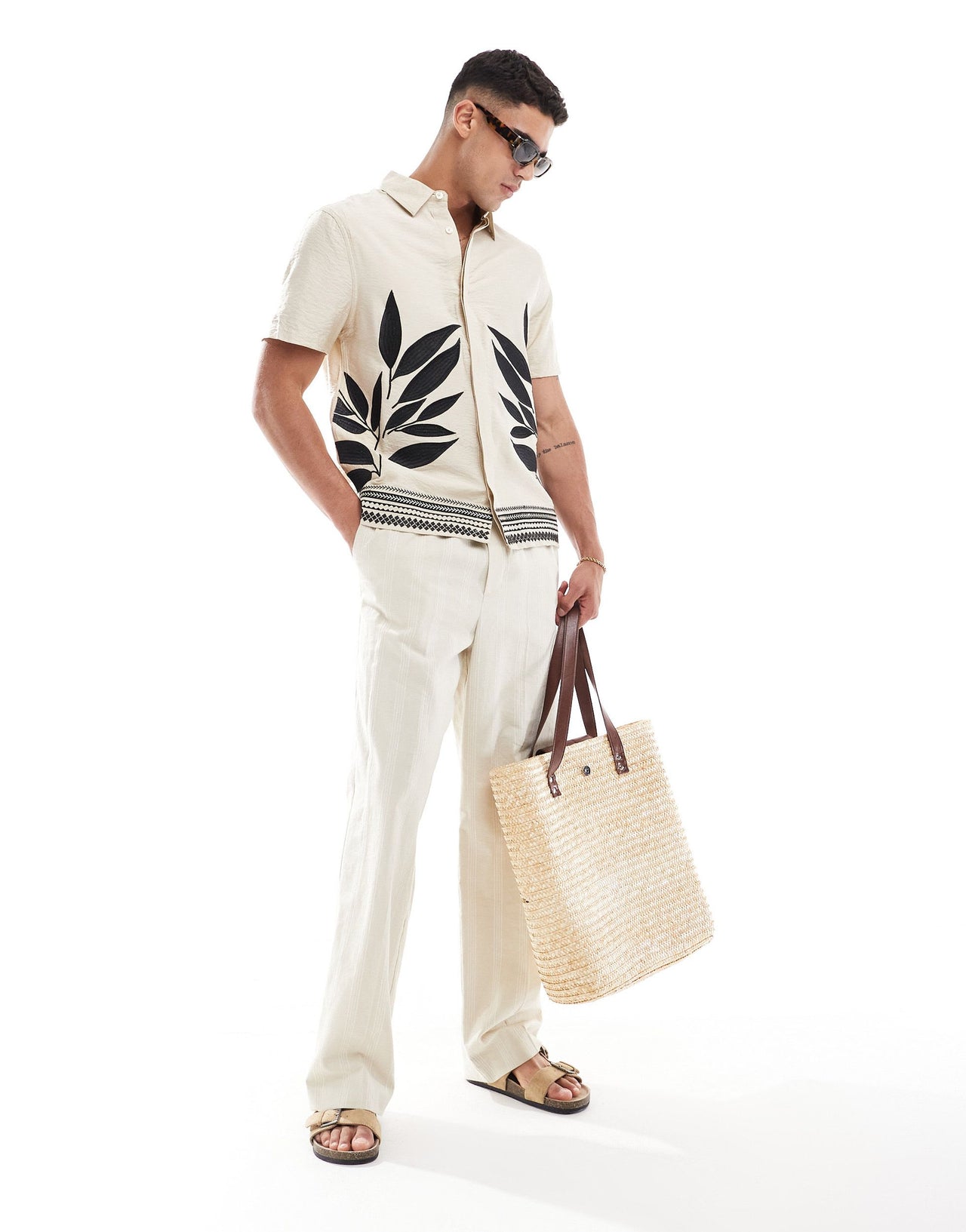 River Island embroidery leaf shirt in light stone