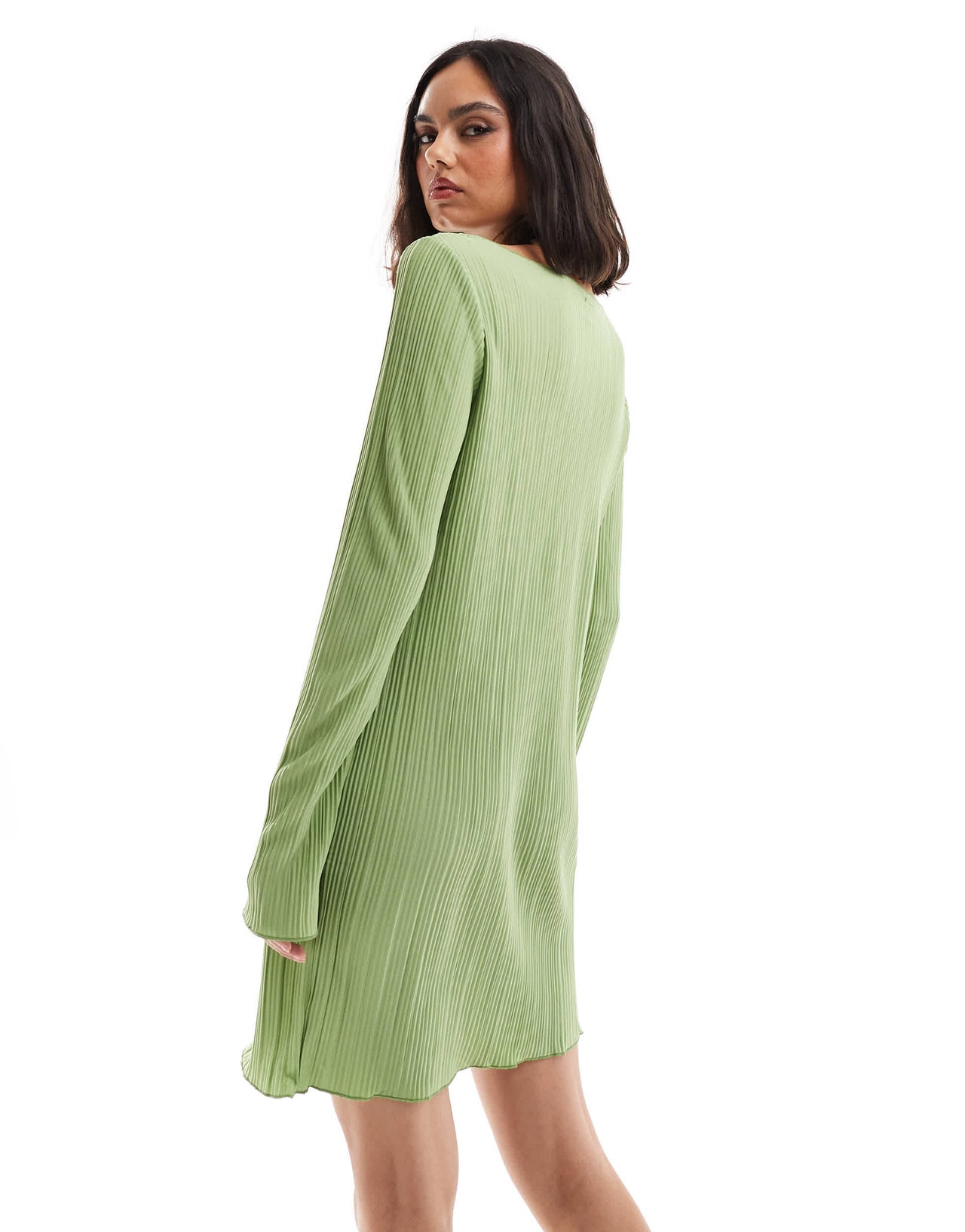Vero Moda plisse mini dress with fluted sleeve in mid green
