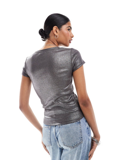 Vero Moda coated metallic t-shirt in asphalt