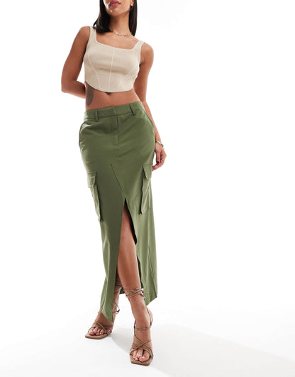 Vero Moda tailored midi skirt with pockets in khaki