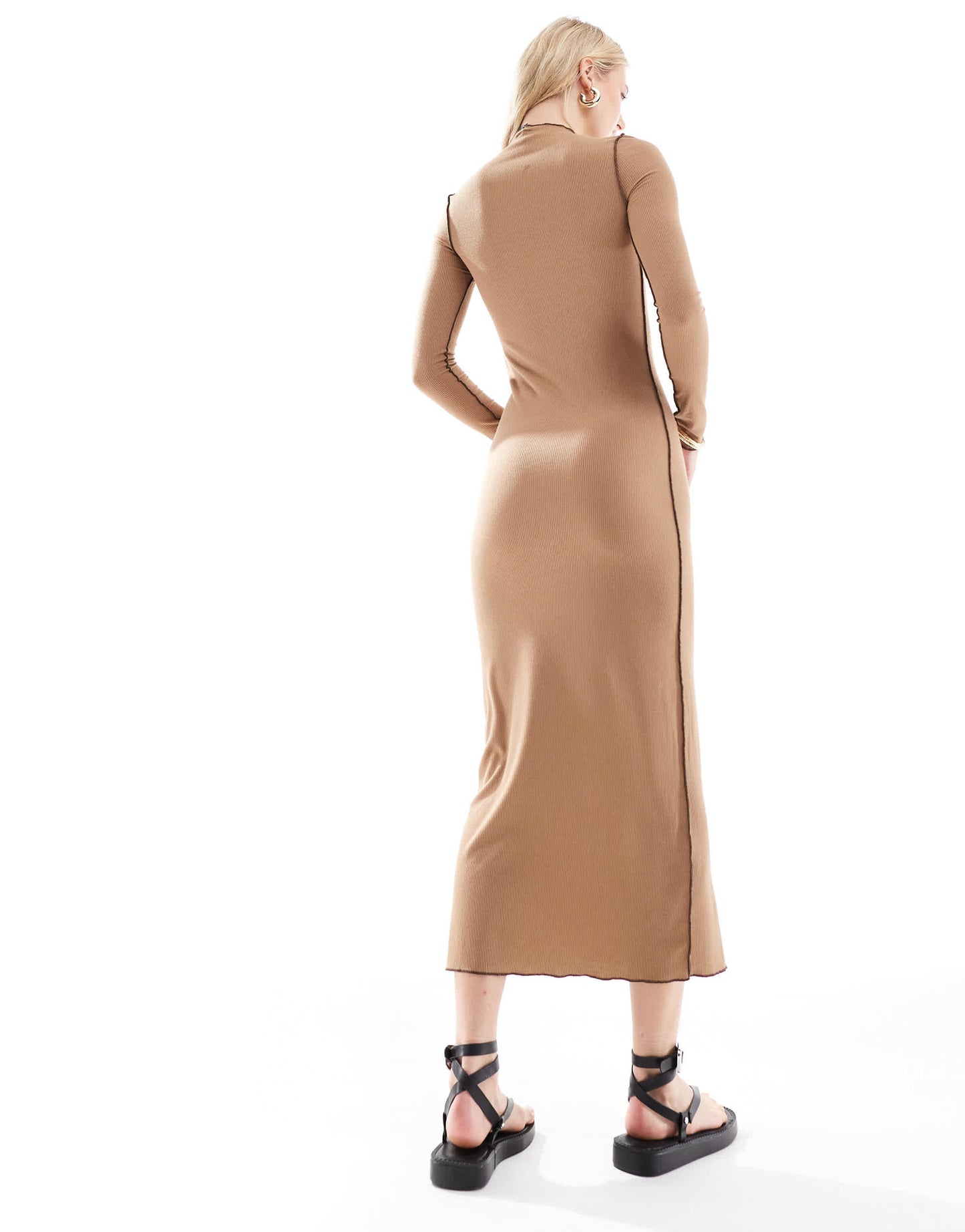 Vero Moda Tall long sleeve jersey maxi dress with contrast stiching in brown