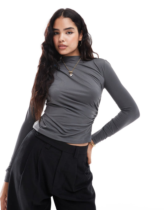 Vero Moda long sleeved ruched jersey top in grey