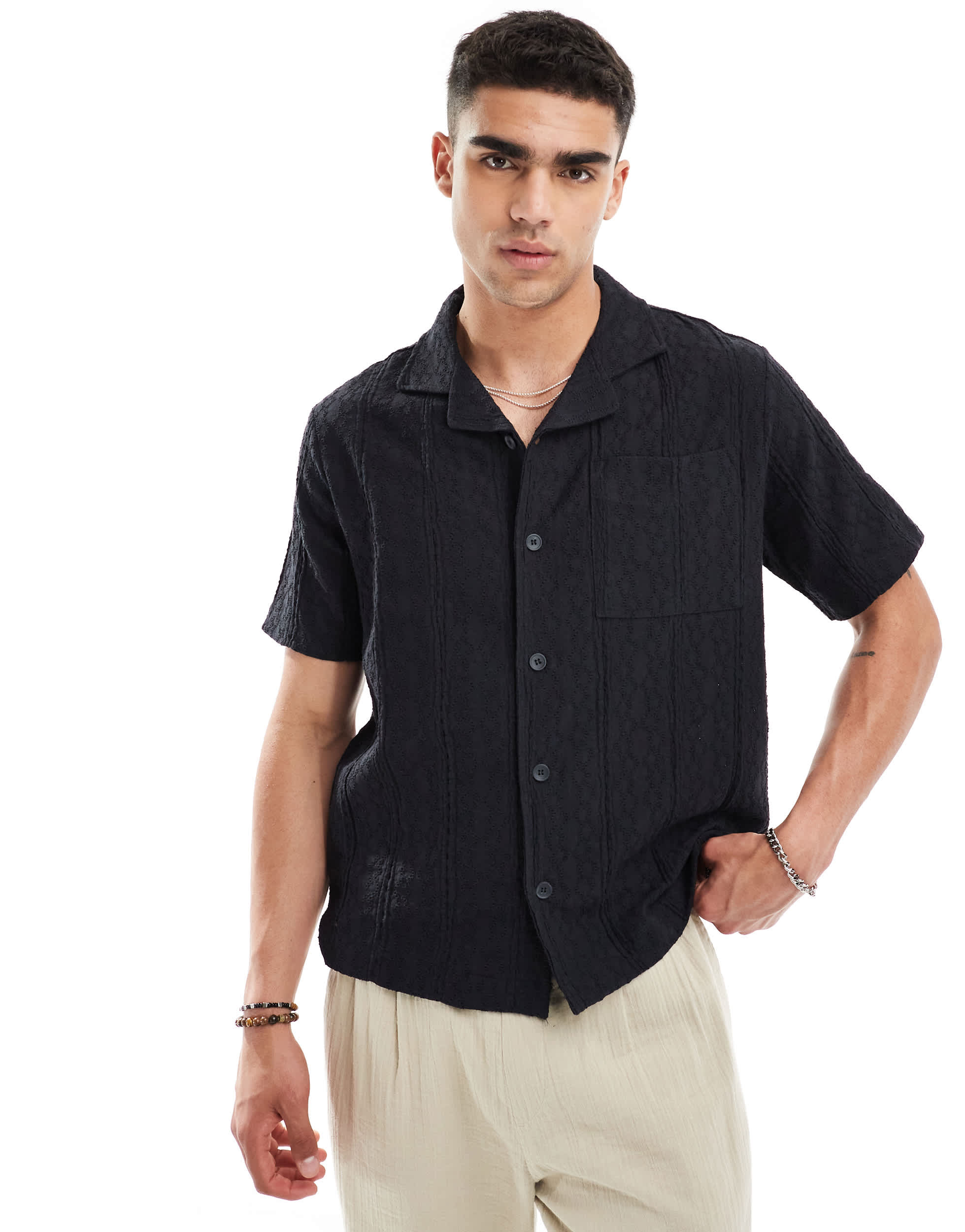 River Island short sleeve shirt in navy crochet