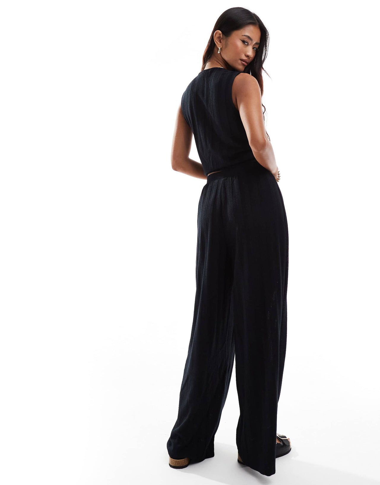 Vila lightweight knitted wide leg trouser co-ord in black