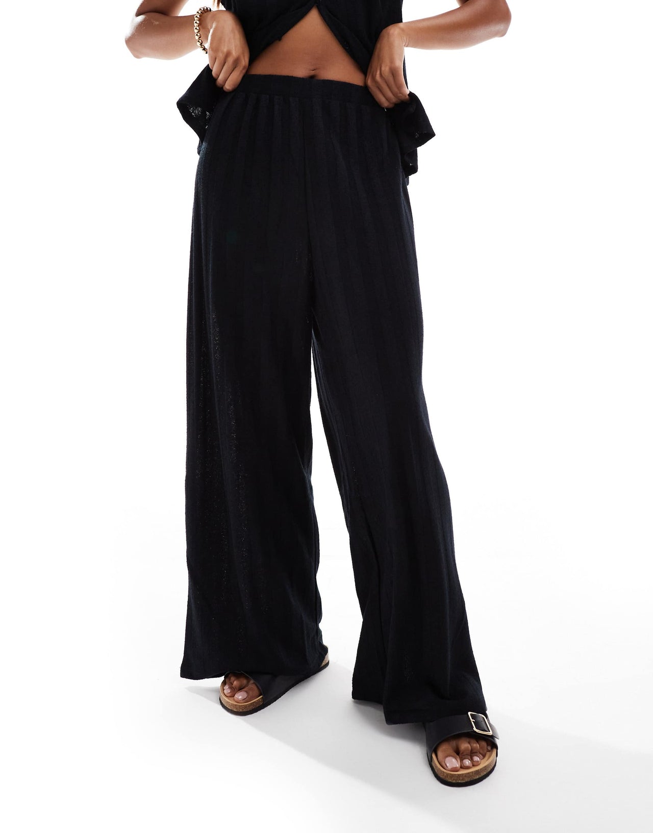 Vila lightweight knitted wide leg trouser co-ord in black