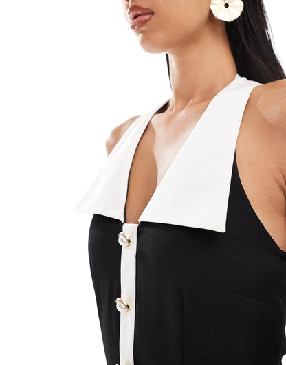 Kaiia exclusive tailored halterneck contrast collar pearl button detail mini dress in black