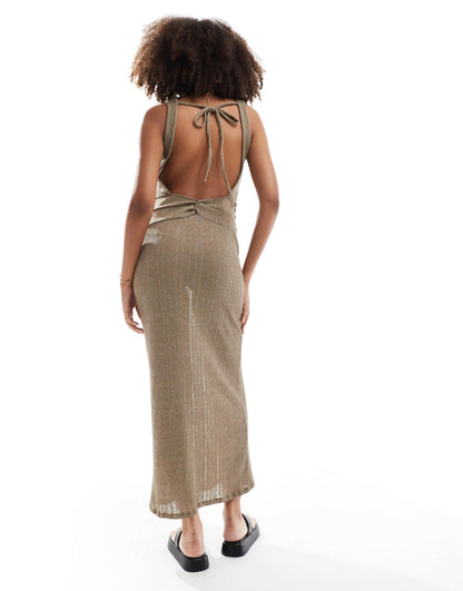 Pull&Bear knitted semi sheer sleeveless midaxi dress in brown