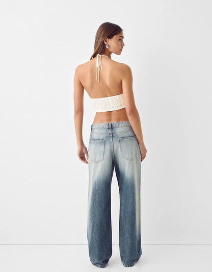 Bershka textured cross back top co-ord in ecru