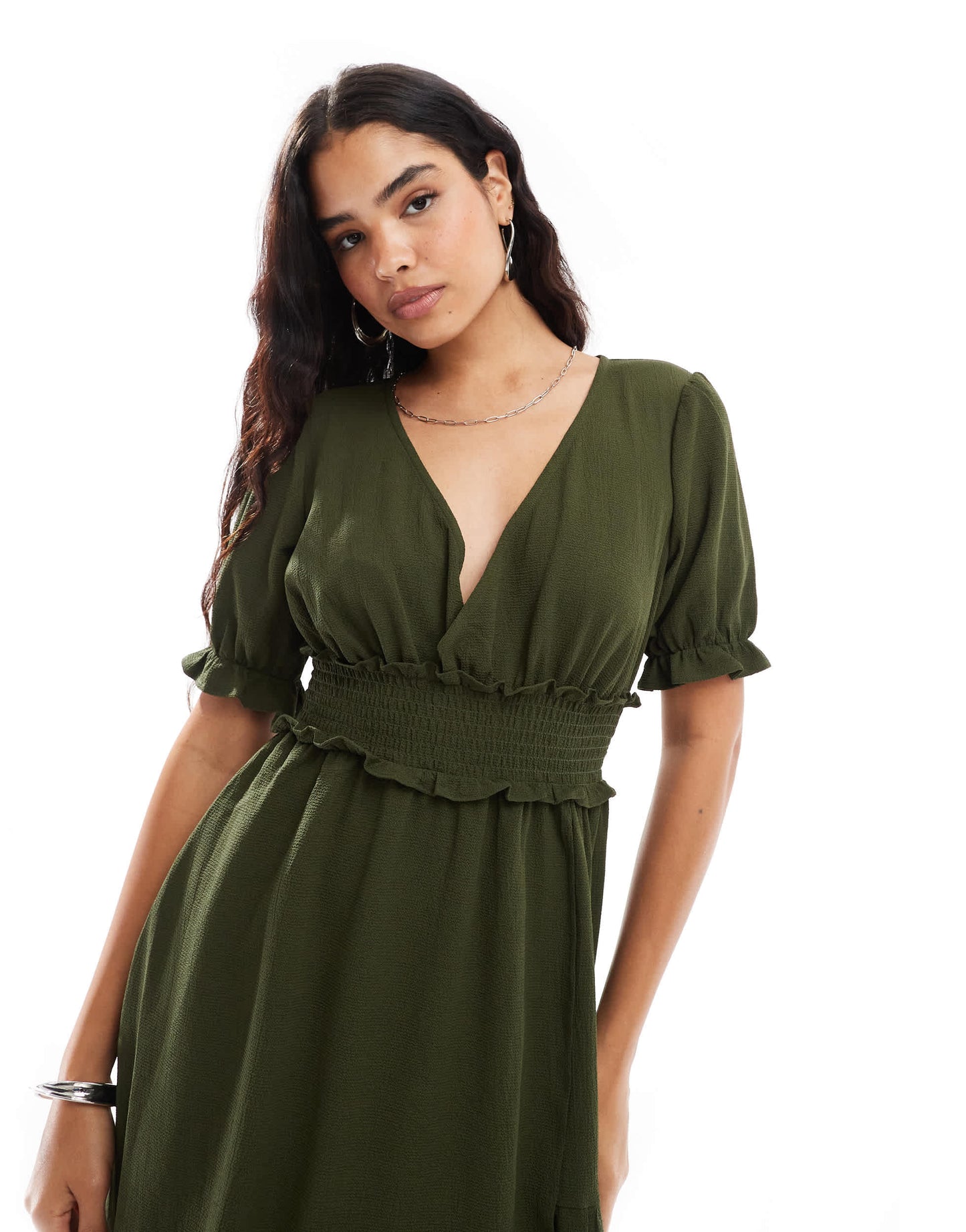 ASOS DESIGN puffed sleeve wrap midi dress in forest green