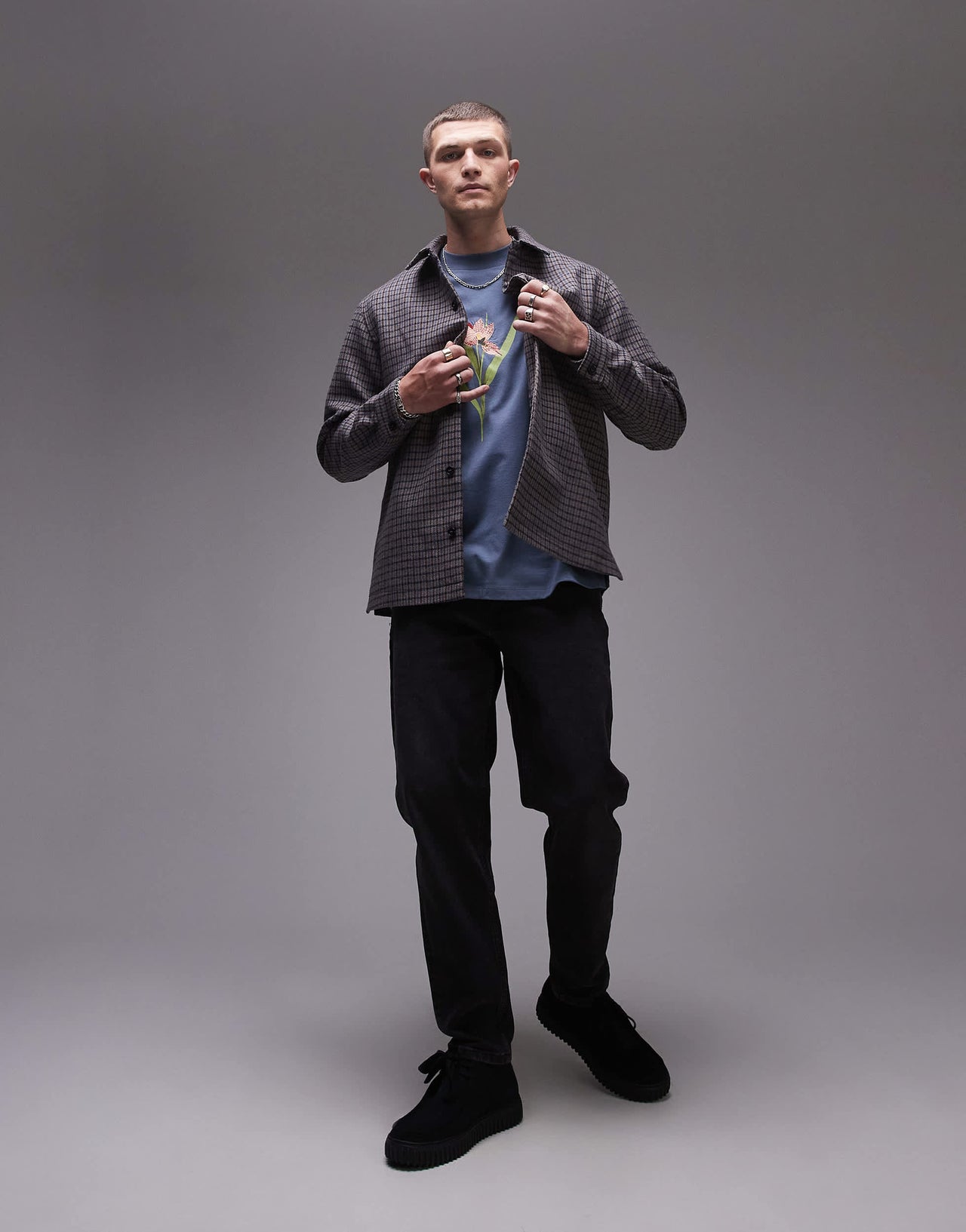 Topman long sleeve checked overshirt in brown