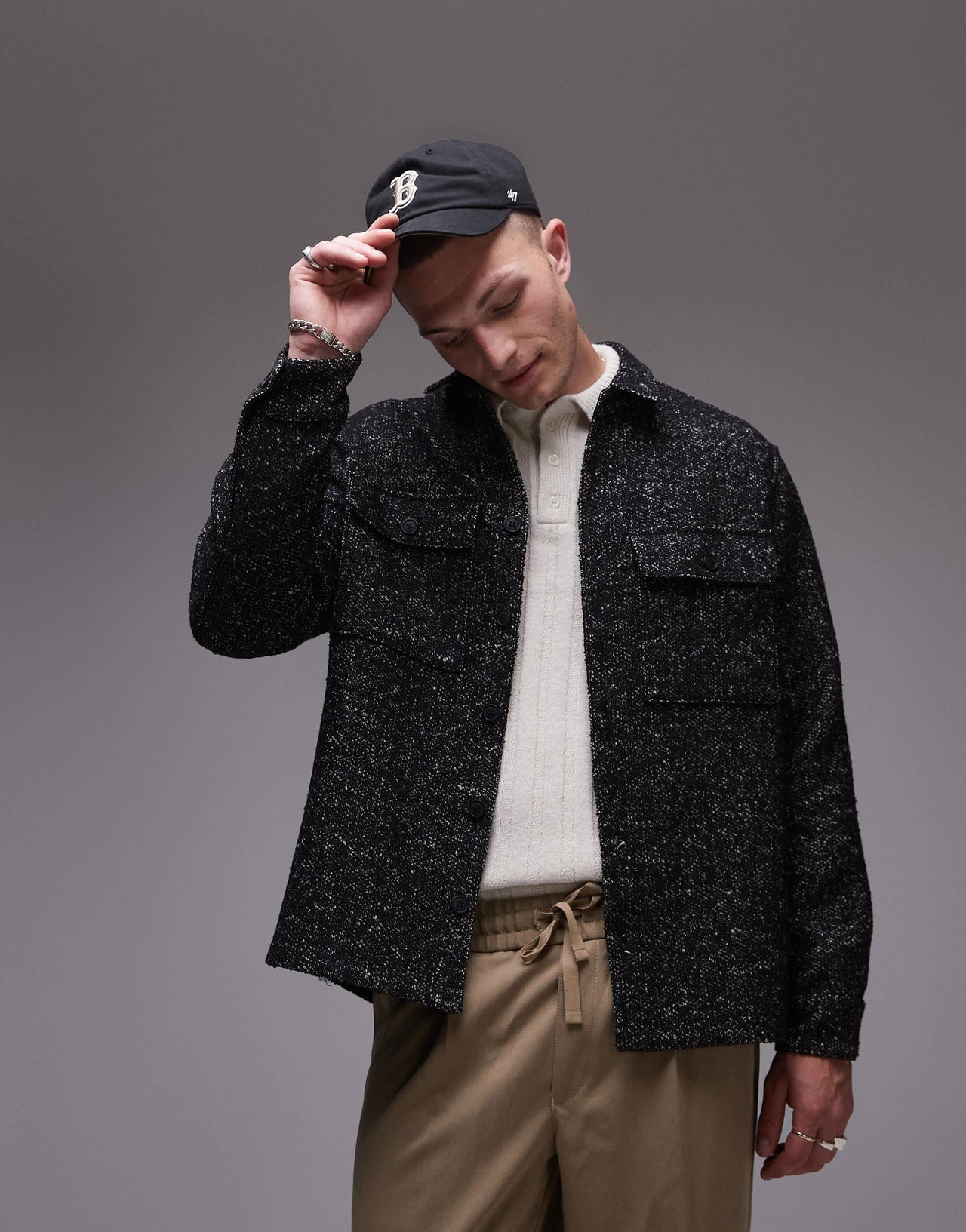 Topman long sleeve textured overshirt in black