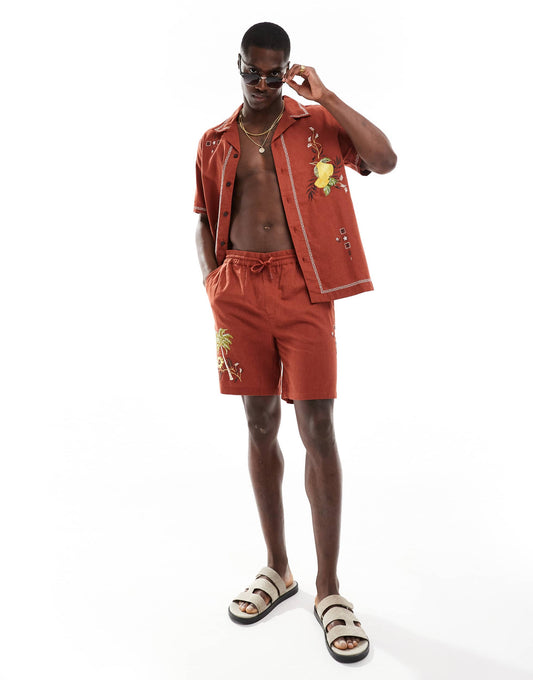 River Island embroidered shirt co-ord in rust