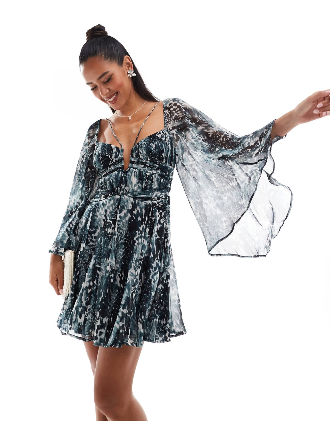 ASOS DESIGN long sleeve mini dress with godets in mono animal print