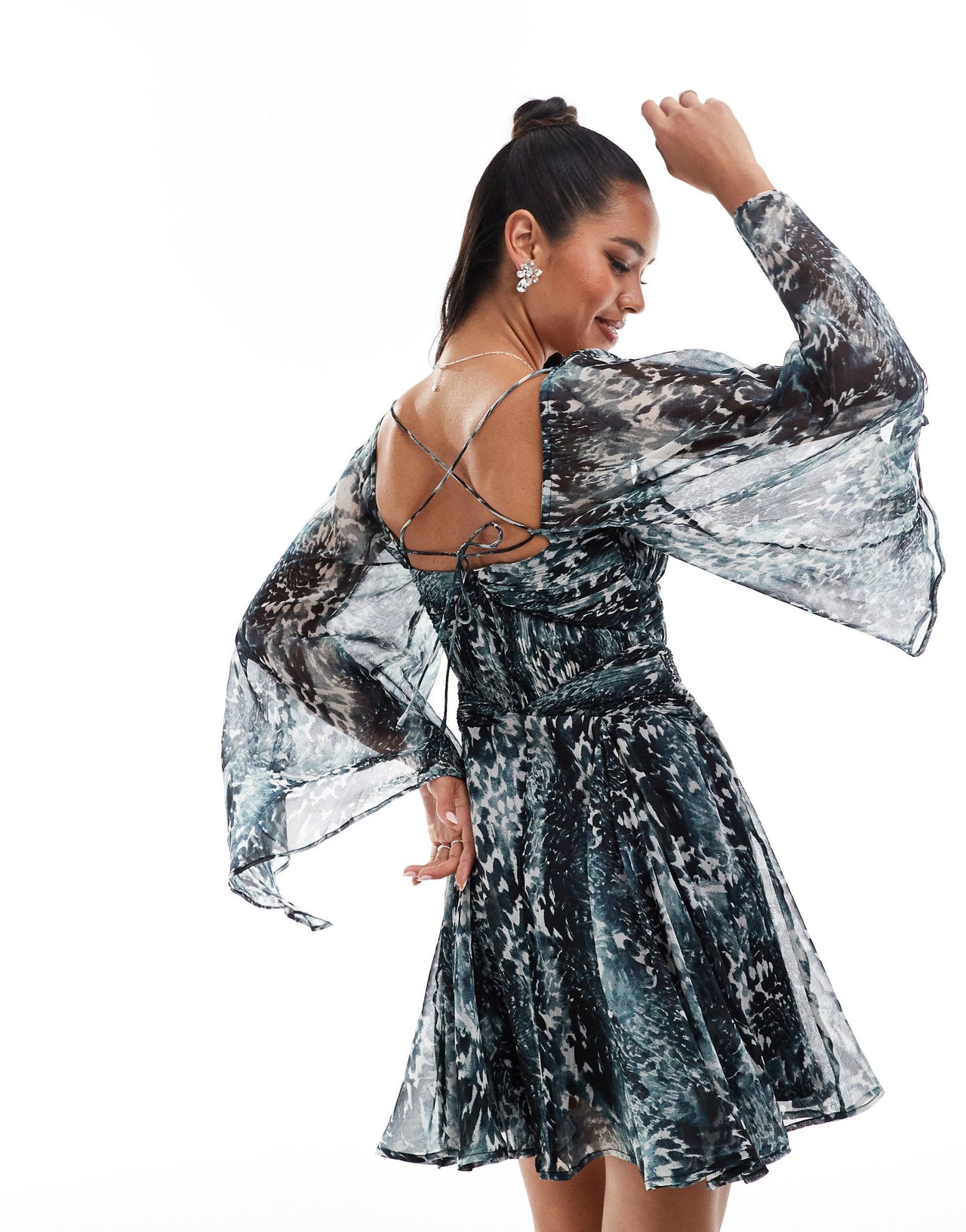 ASOS DESIGN long sleeve mini dress with godets in mono animal print