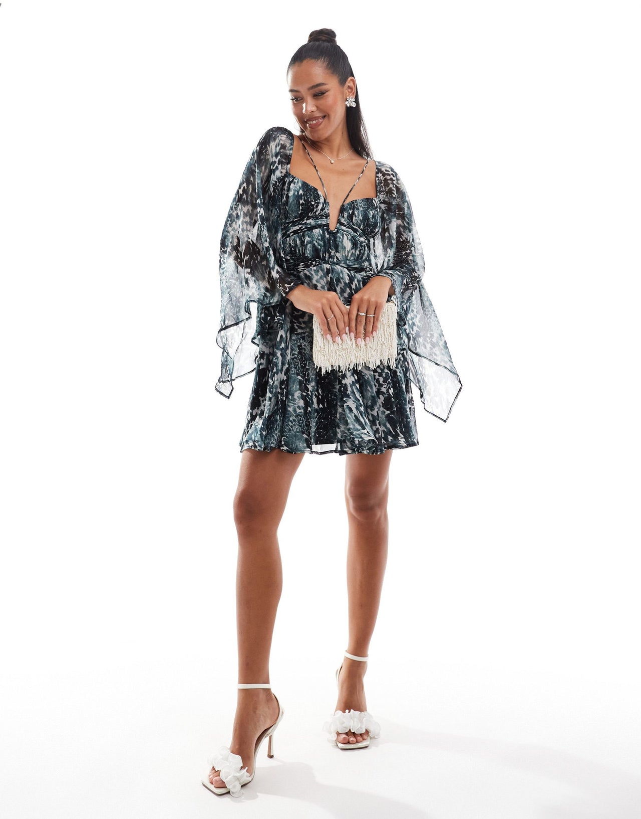 ASOS DESIGN long sleeve mini dress with godets in mono animal print