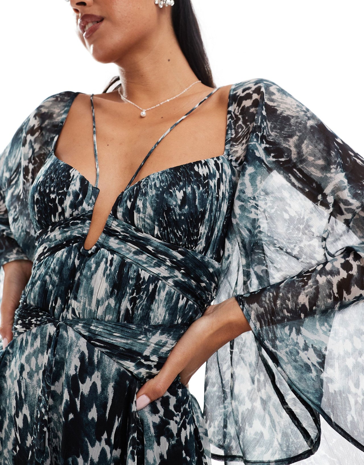 ASOS DESIGN long sleeve mini dress with godets in mono animal print