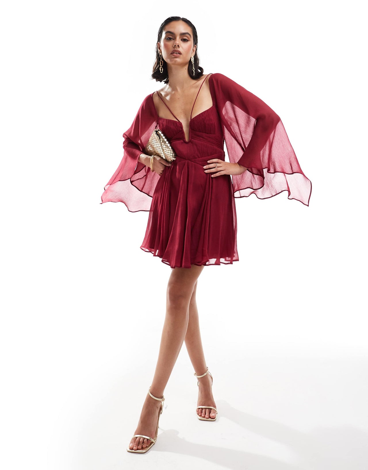 ASOS DESIGN long sleeve mini dress with godets in burgundy