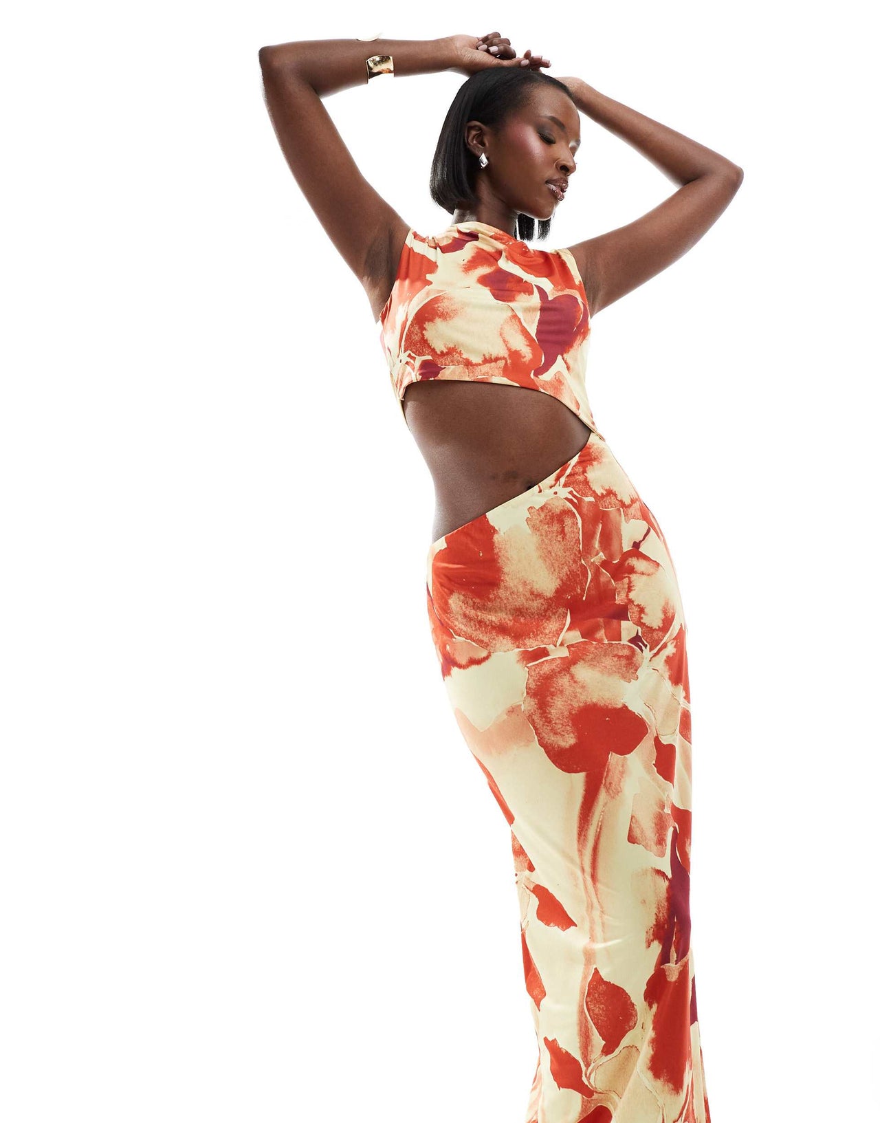 ASOS DESIGN slinky cut out maxi dress in oversized orange floral print