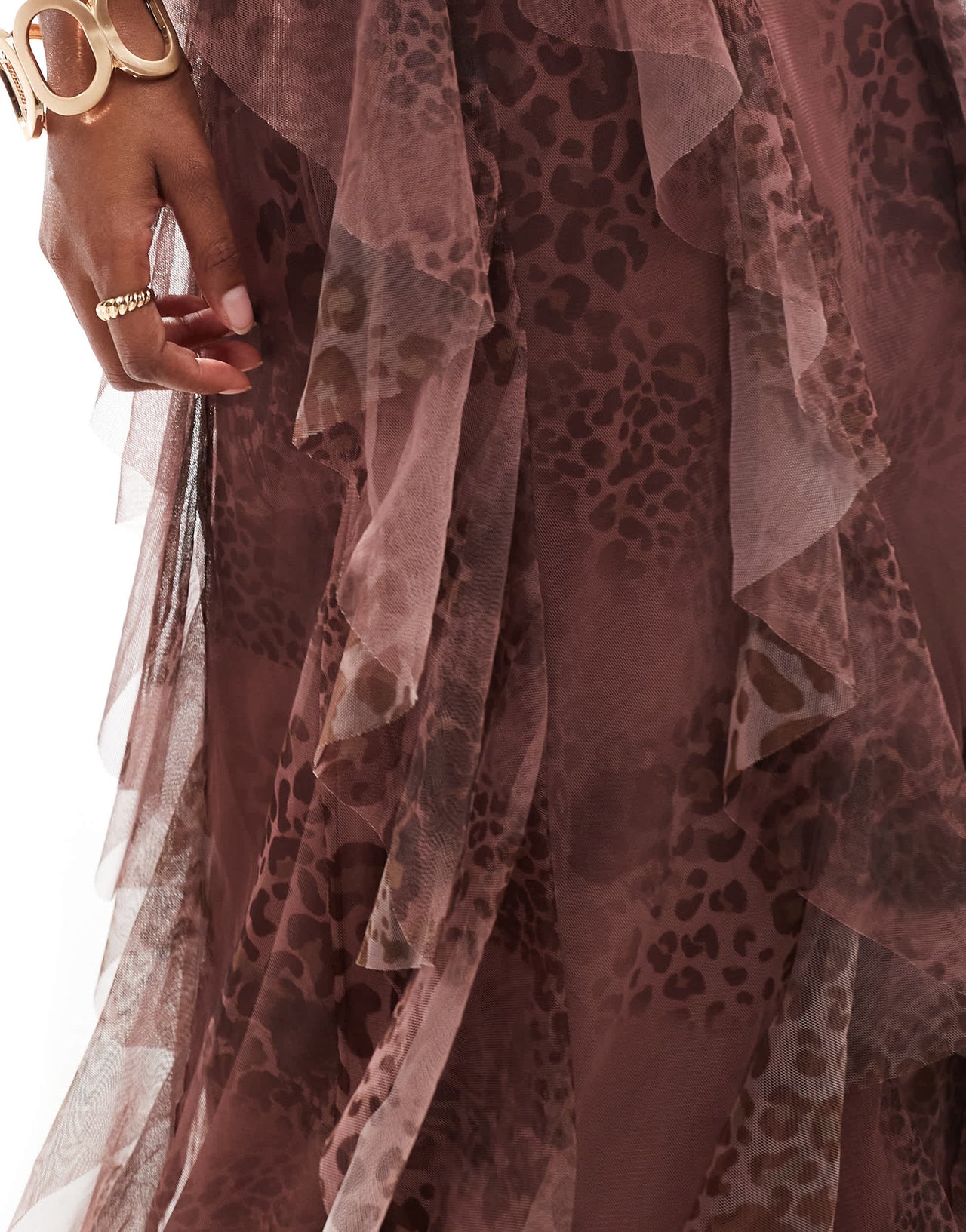 Lace & Beads ruffle tulle maxi dress in soft brown animal