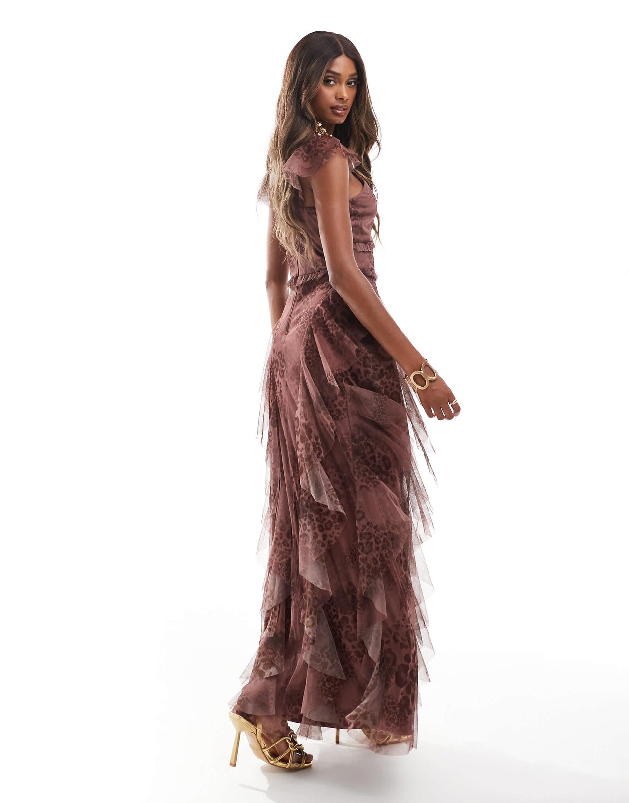 Lace & Beads ruffle tulle maxi dress in soft brown animal