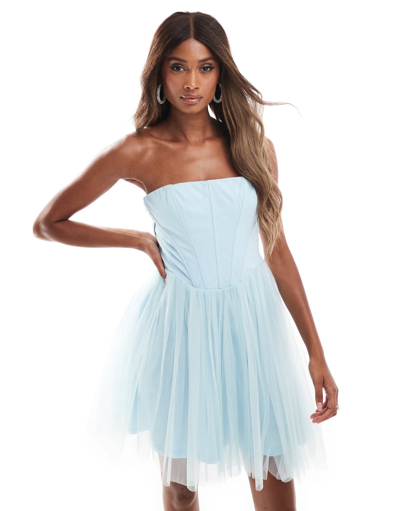 Lace & Beads tulle corset mini dress with drop hem in blue