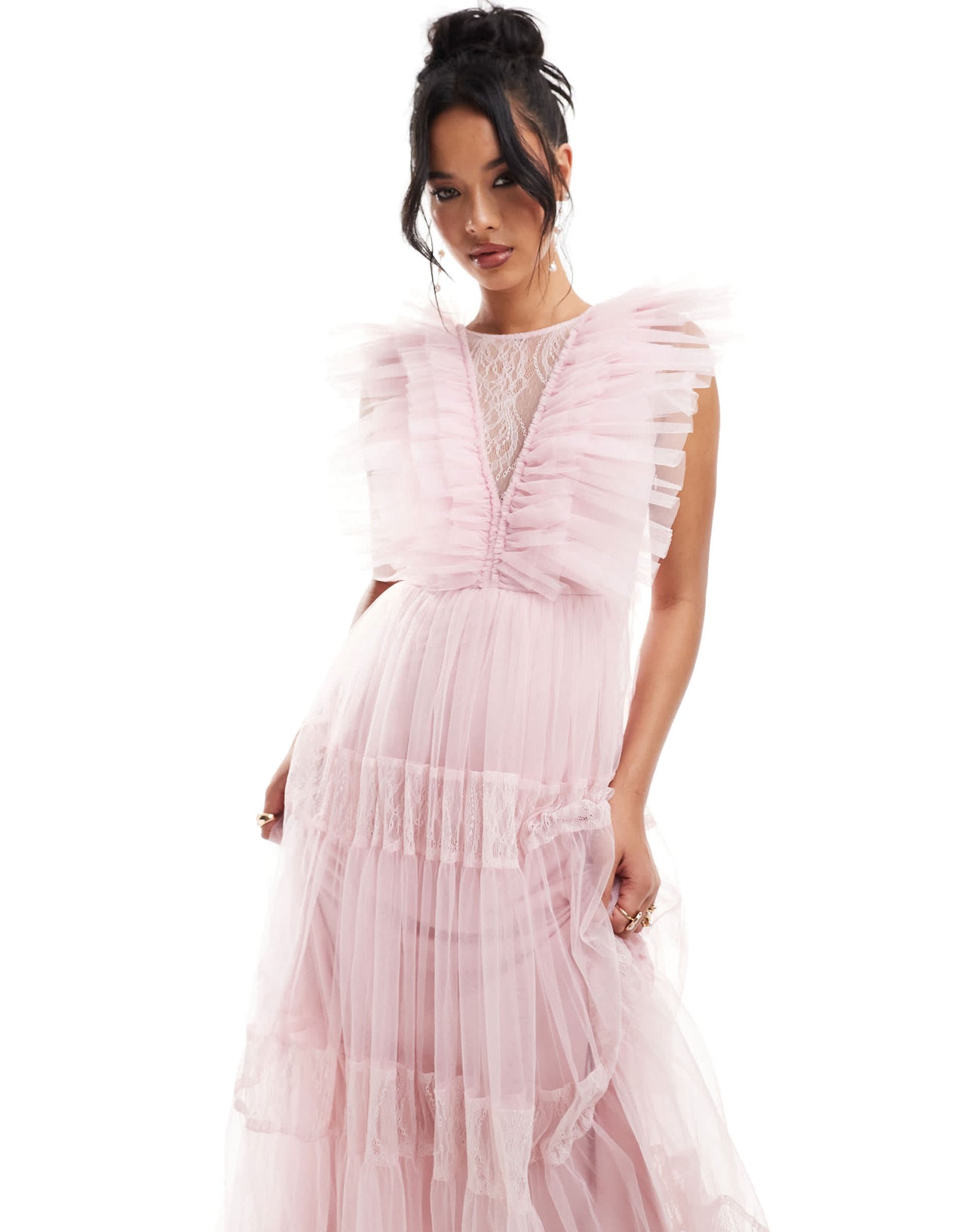 Lace & Beads lace insert tulle maxi dress in baby pink