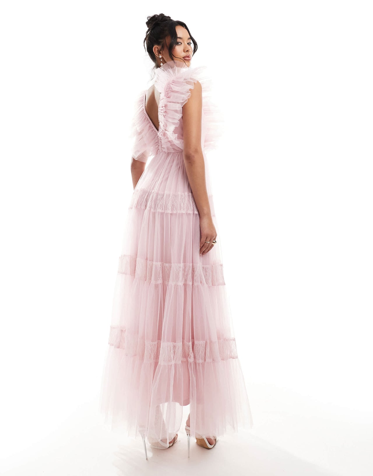 Lace & Beads lace insert tulle maxi dress in baby pink
