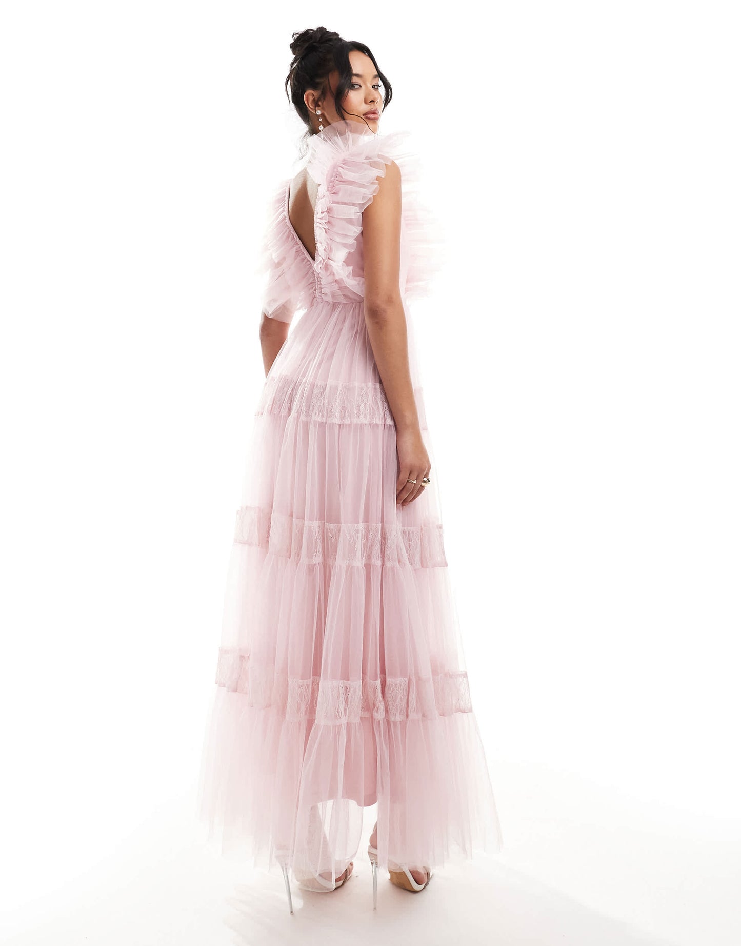 Lace & Beads lace insert tulle maxi dress in baby pink
