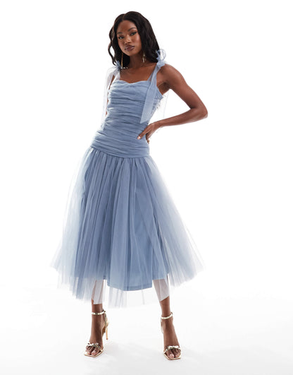 Lace & Beads drop waist bow shoulder midaxi dress in blue