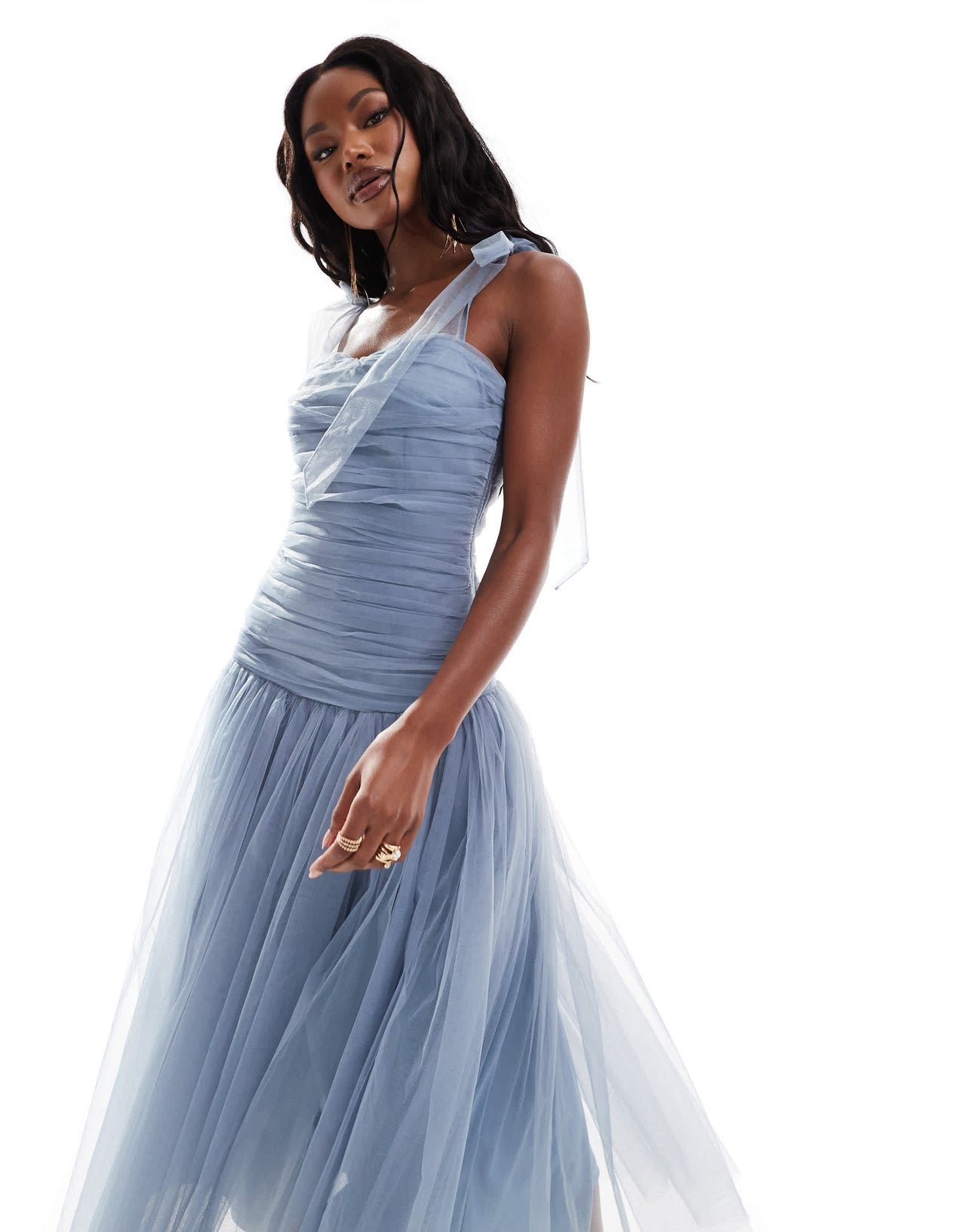 Lace & Beads drop waist bow shoulder midaxi dress in blue