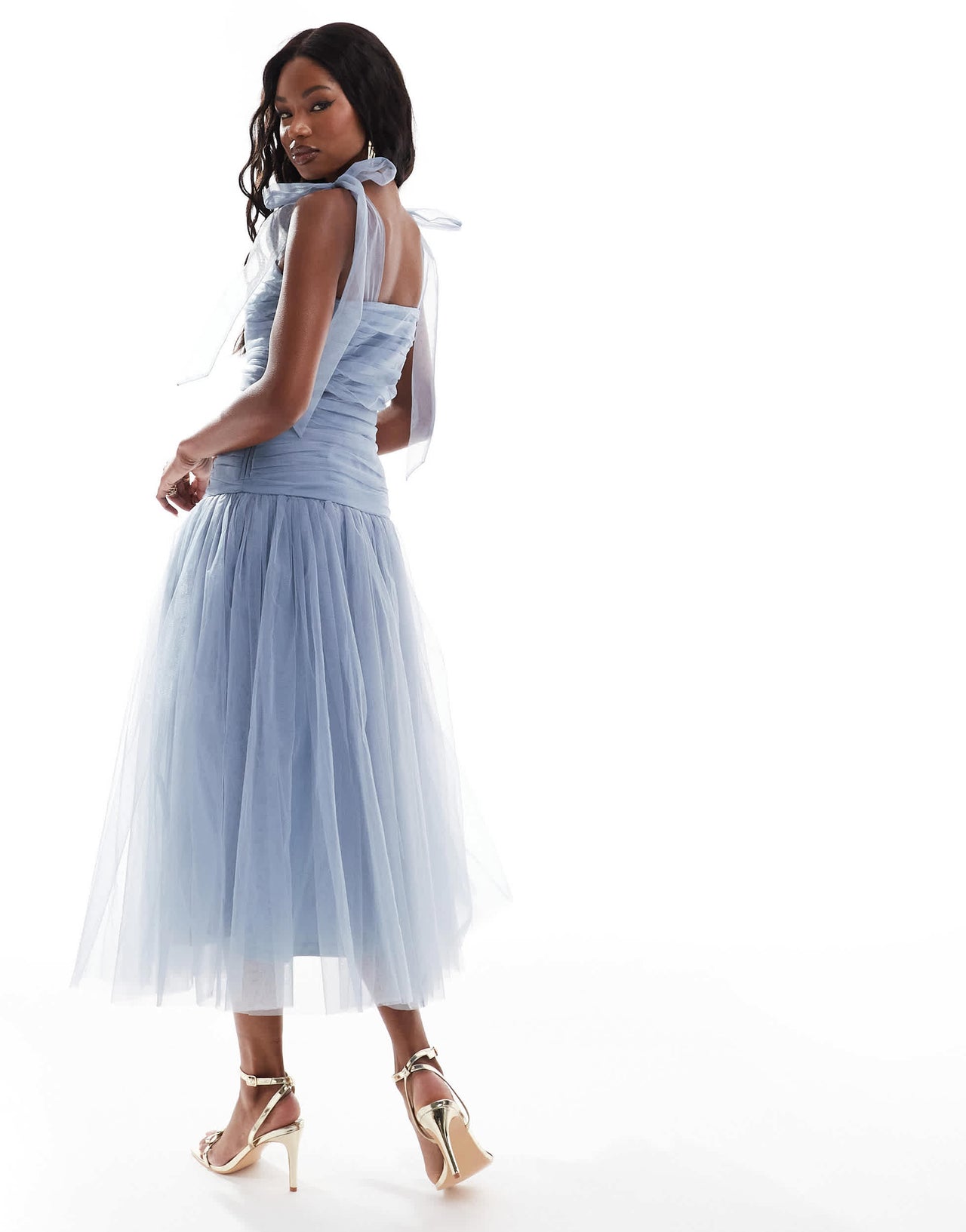 Lace & Beads drop waist bow shoulder midaxi dress in blue