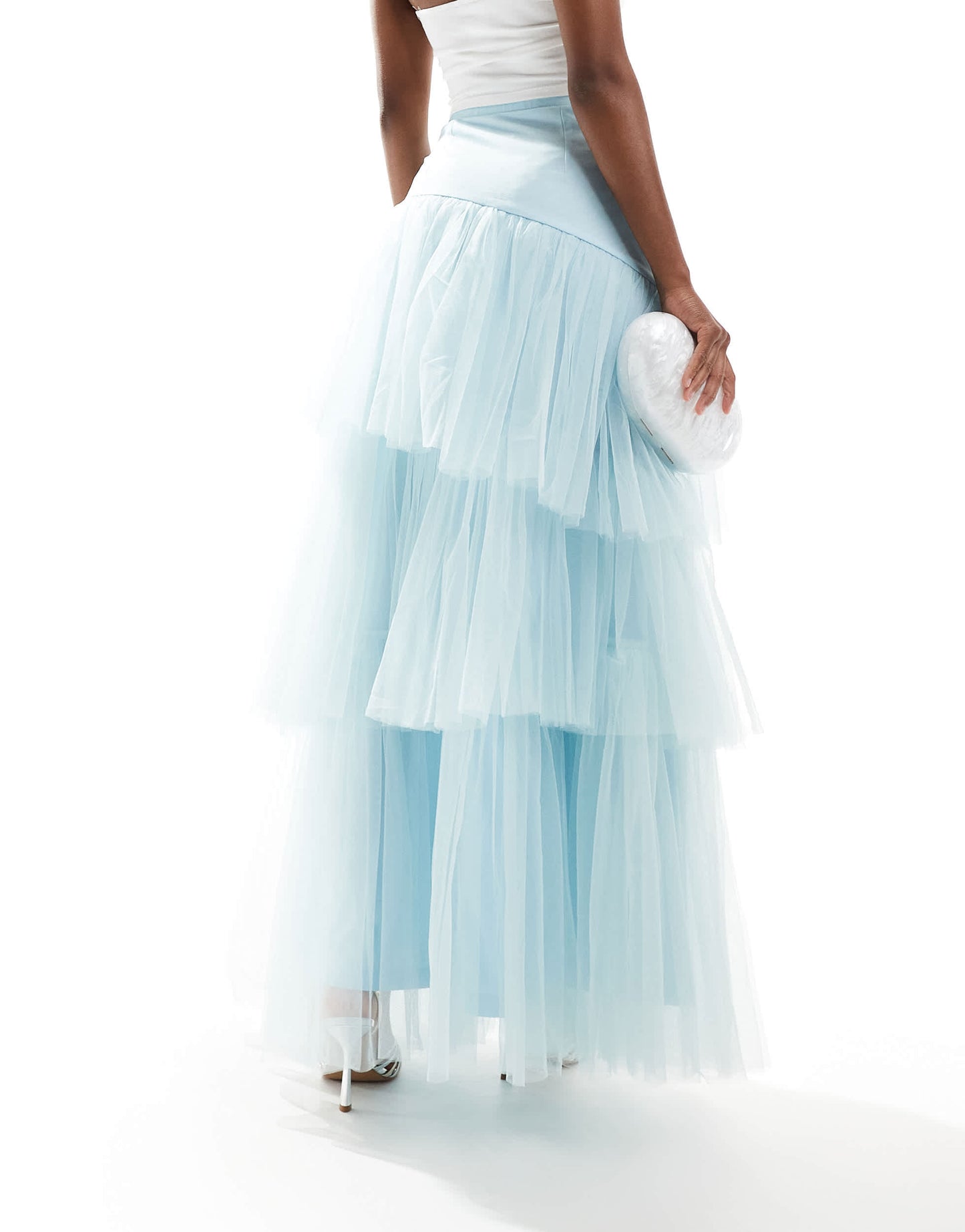 Lace & Beads asymmetric tulle maxi skirt in sky blue