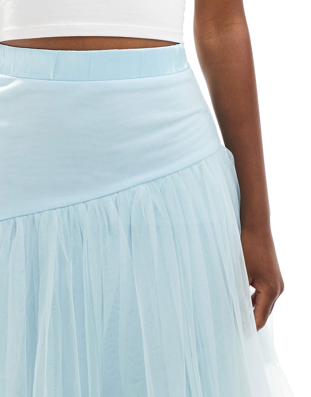 Lace & Beads asymmetric tulle maxi skirt in sky blue