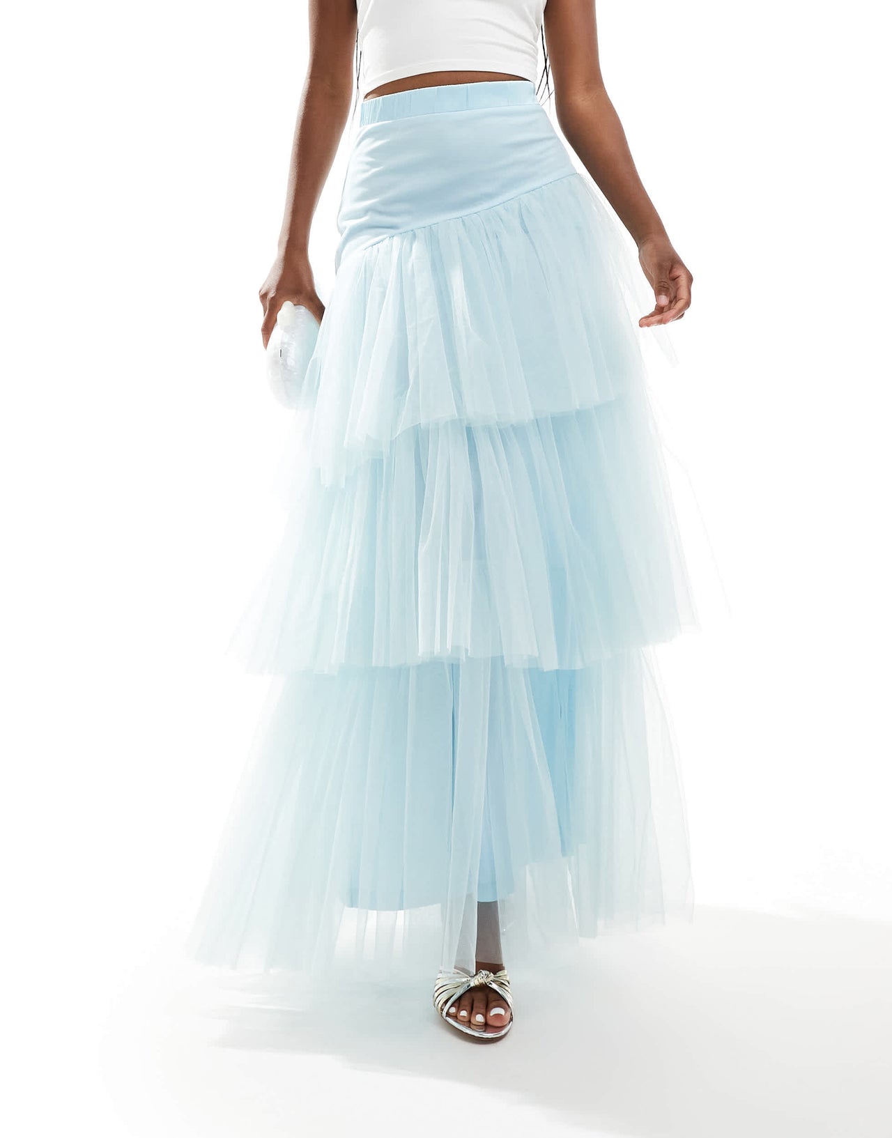 Lace & Beads asymmetric tulle maxi skirt in sky blue