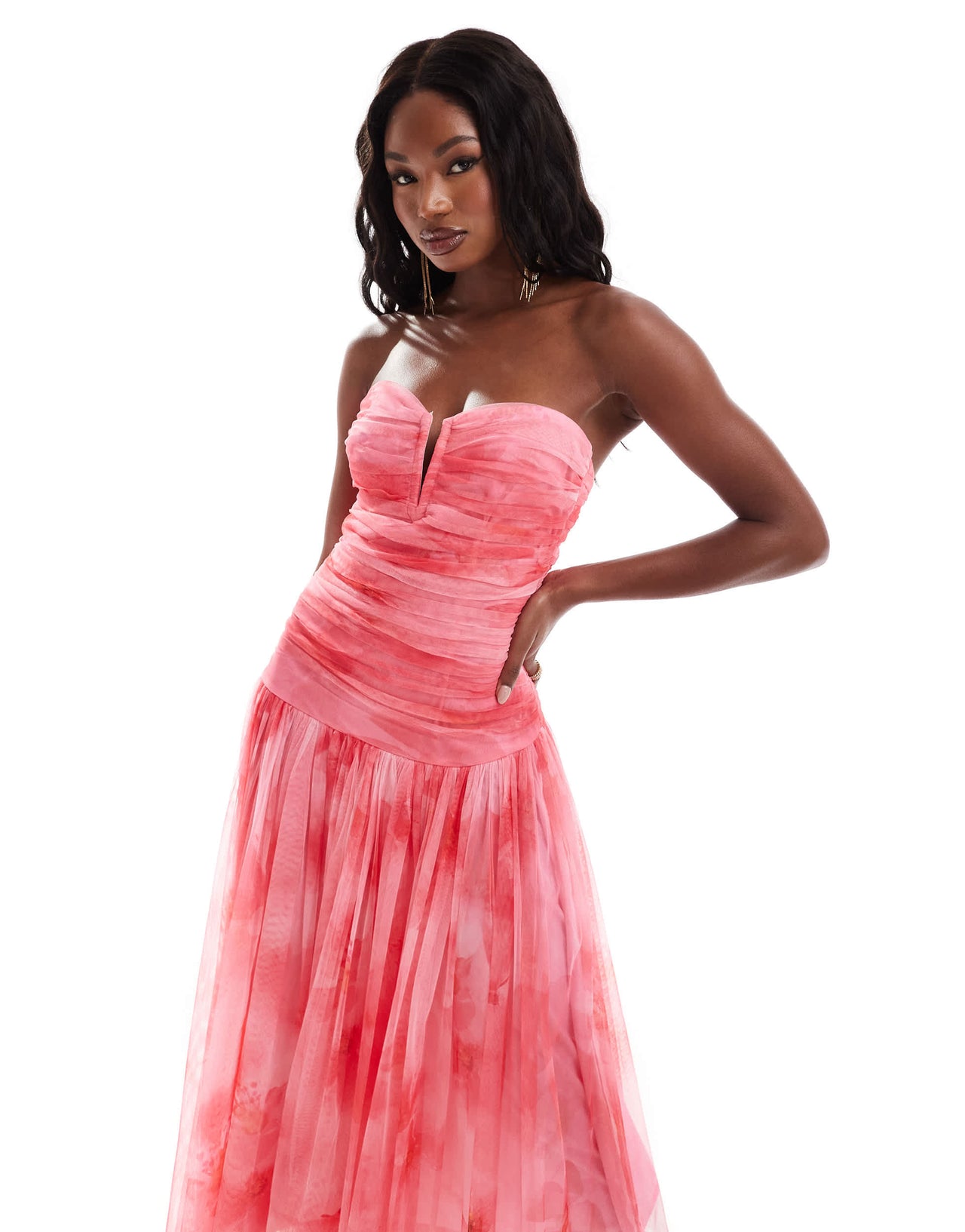 Lace & Beads drop hem midaxi dress in bright pink ombre