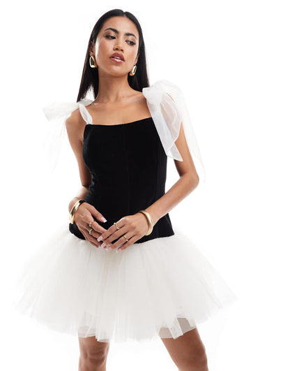 Lace & Beads contrast bow sleeve mini dress in black