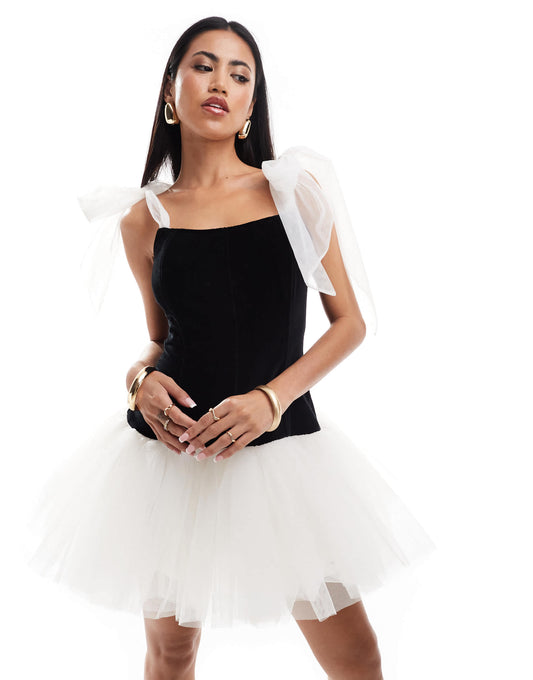 Lace & Beads contrast bow sleeve mini dress in black
