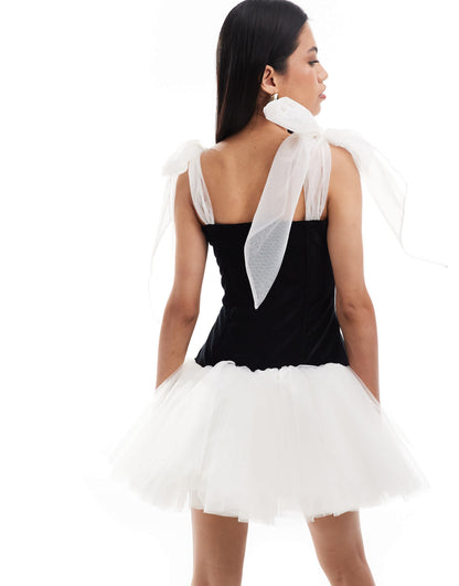 Lace & Beads contrast bow sleeve mini dress in black
