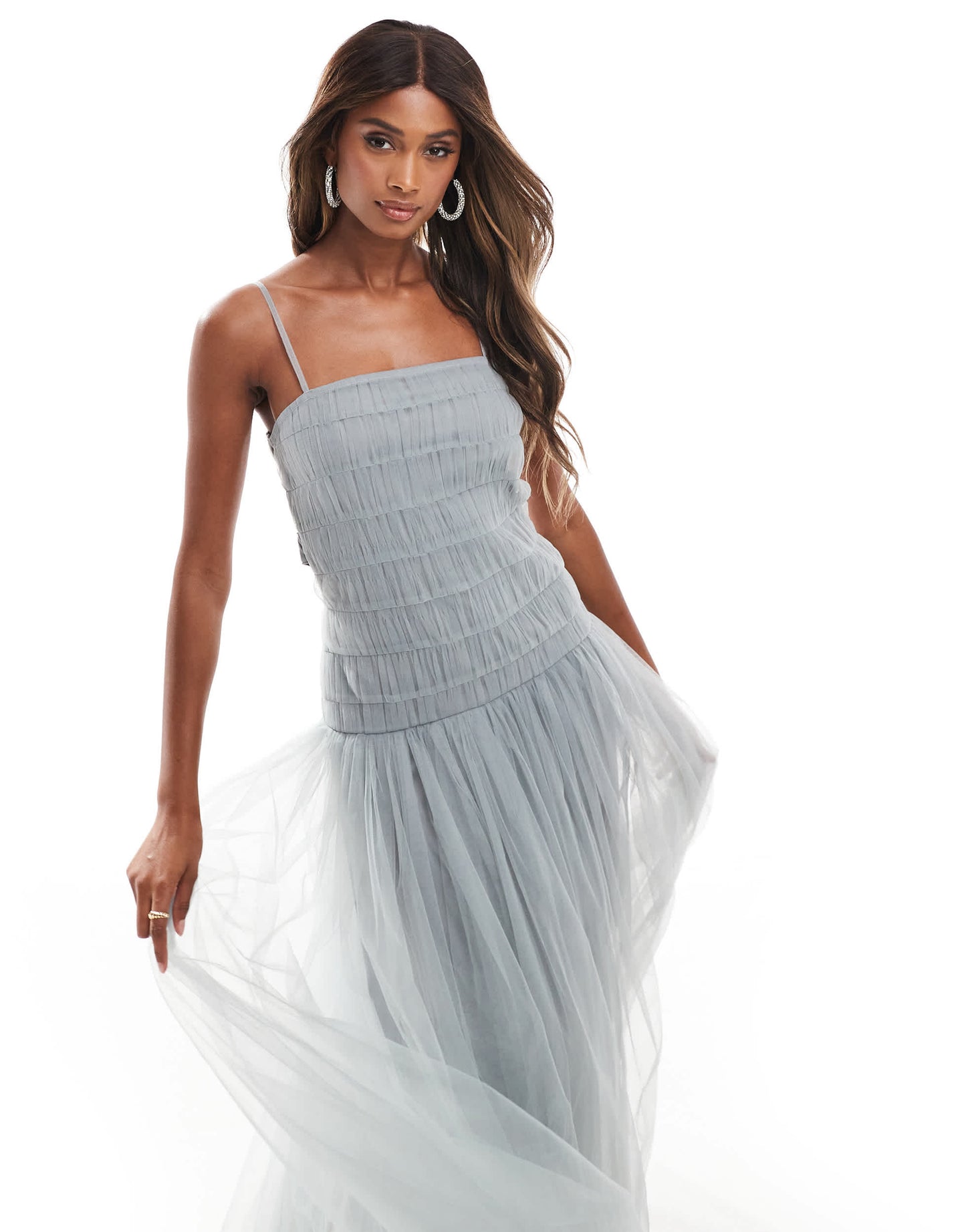 Lace & Beads drop waist tulle maxi dress in grey