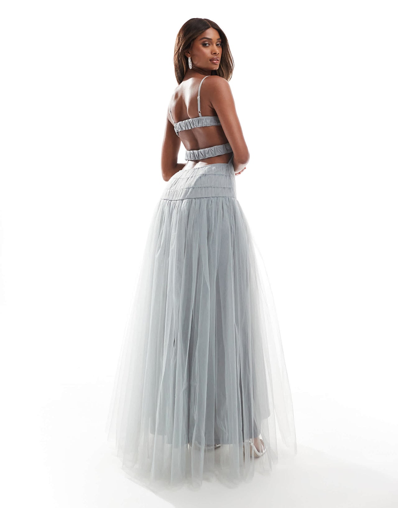 Lace & Beads drop waist tulle maxi dress in grey